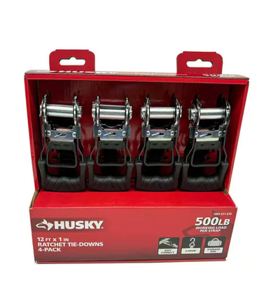 #ad HUSKY RATCHET TIE DOWN STRAPS 4 PACK 1 in. x 12 ft. Quick Release Hook 500 lbs. $9.79