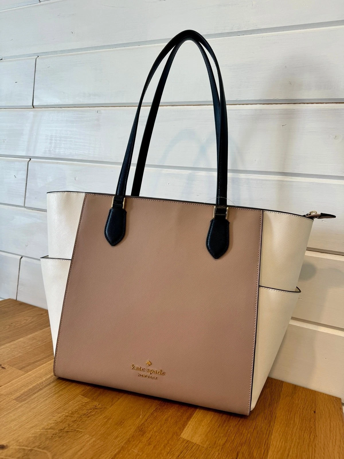 ✨Nuova borsa a tracolla Kate Spade New York Madison per laptop beige marrone colorblock
