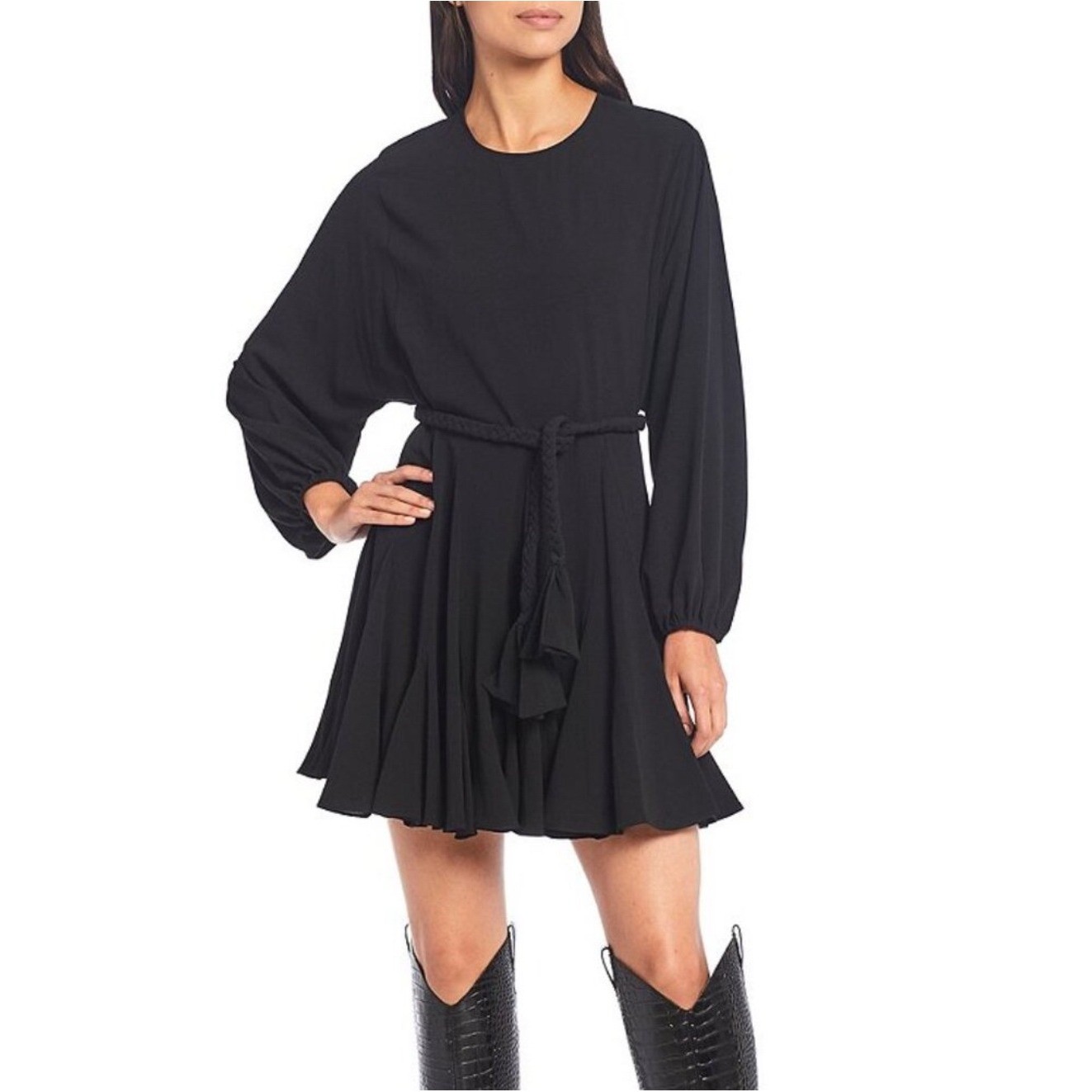 Gianni Bini Dress Black XS Long Sleeve Braided Belt Mini Flared