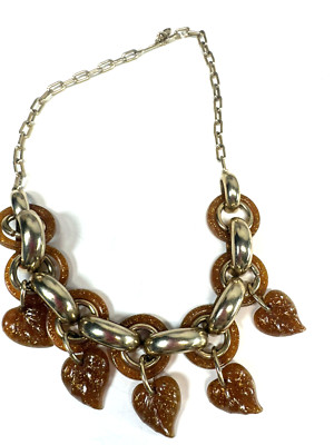 Vintage Necklace Leaf Collar Lucite Sparkle Goldtone Flecks Fringe