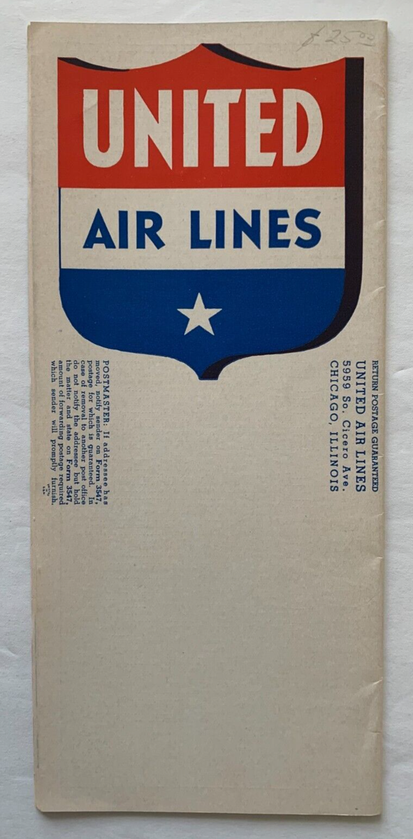 ユナイテッド航空パンフレット Vintage Dec 1940 United Airlines System Timetable Brochure