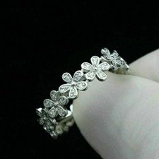 0.14Ct White Round Cut Stone Flower Design Band In Solid 925 Sterling Silver