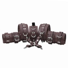 Real Cow Leather Wrist, Ankle, Thigh Cuffs ,Collar Restraint Bondage Set 7 Piece