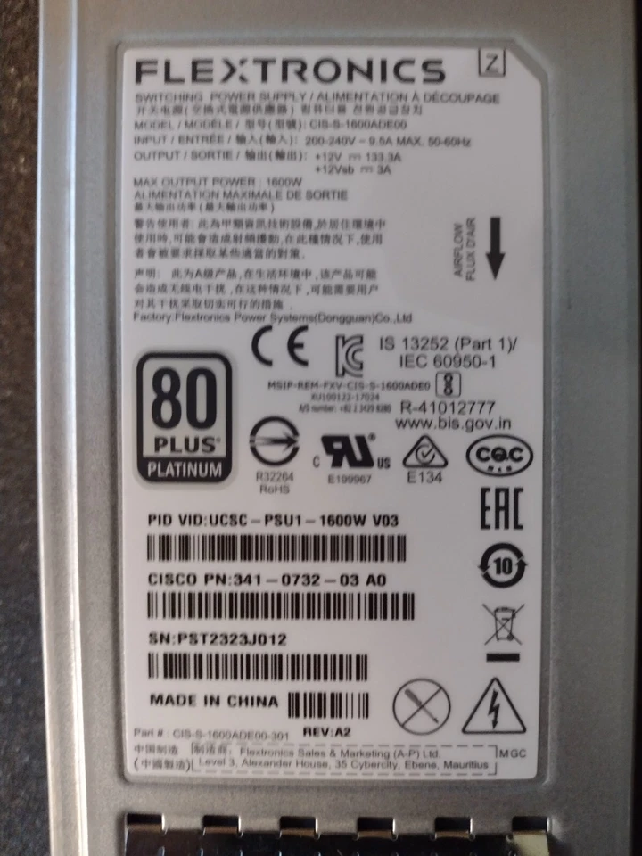 Cisco Flextronics CIS-S-1600ADE00 1600W Switching Power Supply - Image 2 of 4