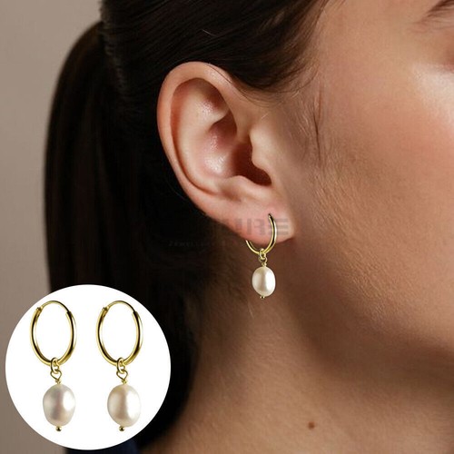 Freshwater White Pearl Sterling Silver Round Drop Dangle Huggie Hoop Earrings 2x