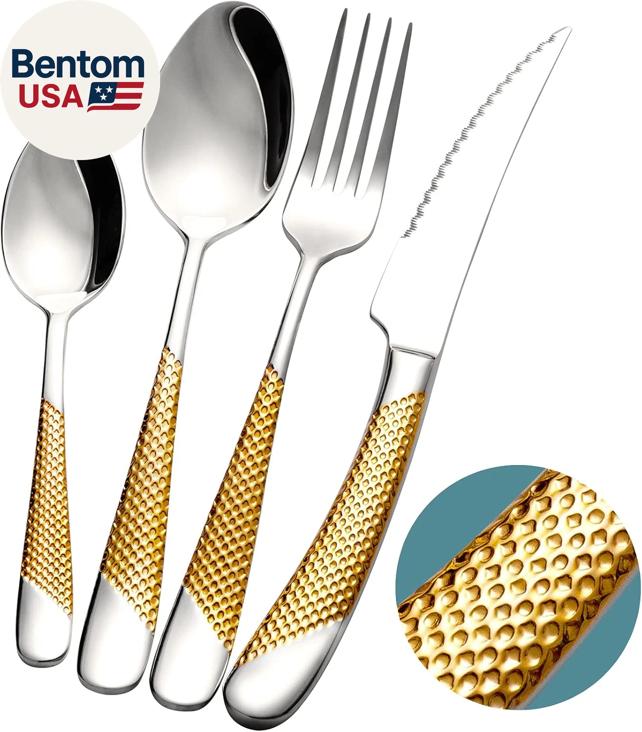 16 Piece Hammered Silver Gold Silverware Set, Modern Golden 18/10 Stainless Stee