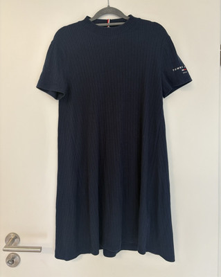 Tommy Jeans Shirtkleid Damen Blau Ripp XS Kurzarm Logo Rundhals kurz
