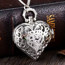 Heart Shape Silvery Necklace Pocket Watch Retro Hollow Necklace Quartz Watch
