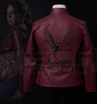Resident Evil 2 Claire Redfield Women s Red Leather Biker Jacket Gamer Cosplay