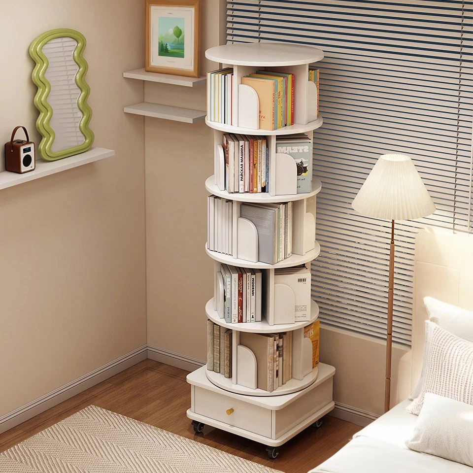 6 Tier Rotating Bookshelf, 360° Display Round Spinning Bookshelf w/ Drawer HOT - Image 4 of 4
