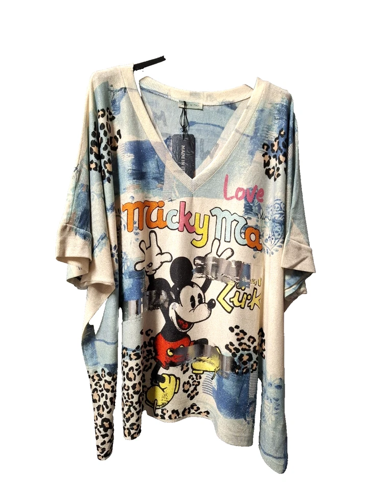italy T-Shirt ca 44 46 48 50 52  NEU Glitzer Shirt Leo Micky Maus iceblau beige - Bild 2 von 4