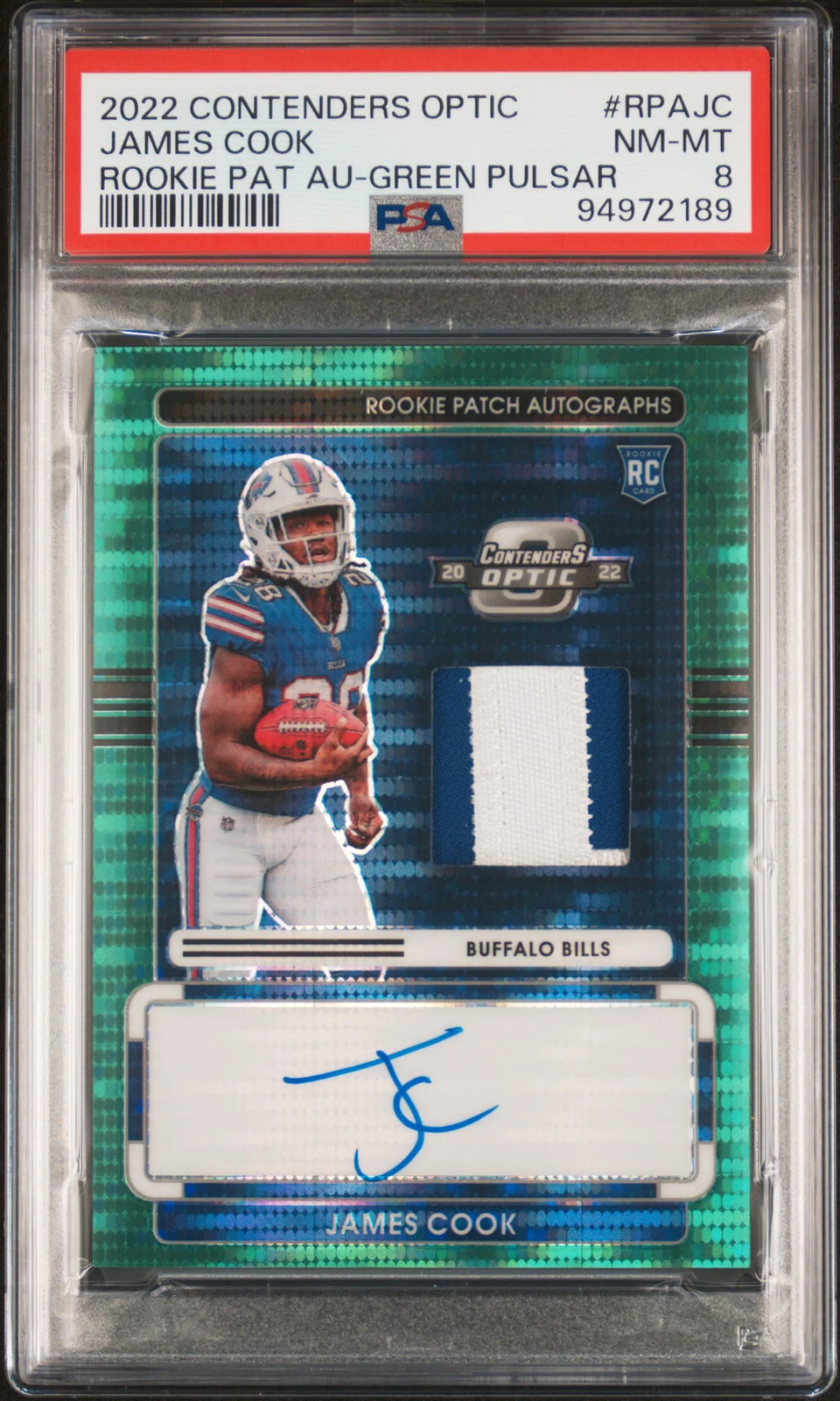 James Cook - 2022 Contenders Optic Rookie Patch Auto Green Pulsar /15 PSA 8
