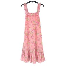 LoveShackFancy Midi Dress Womens 2 Pink Floral Ruffle Silk Cotton Boho Rose EUC