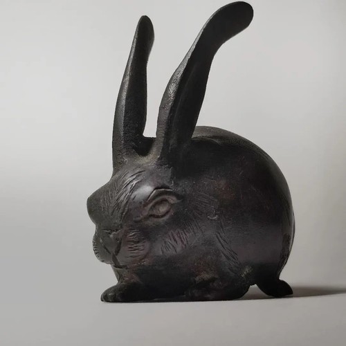 Japanese Antique Okimono Rabbit Edo Period Bronze Long Eared Hare Statue used FS
