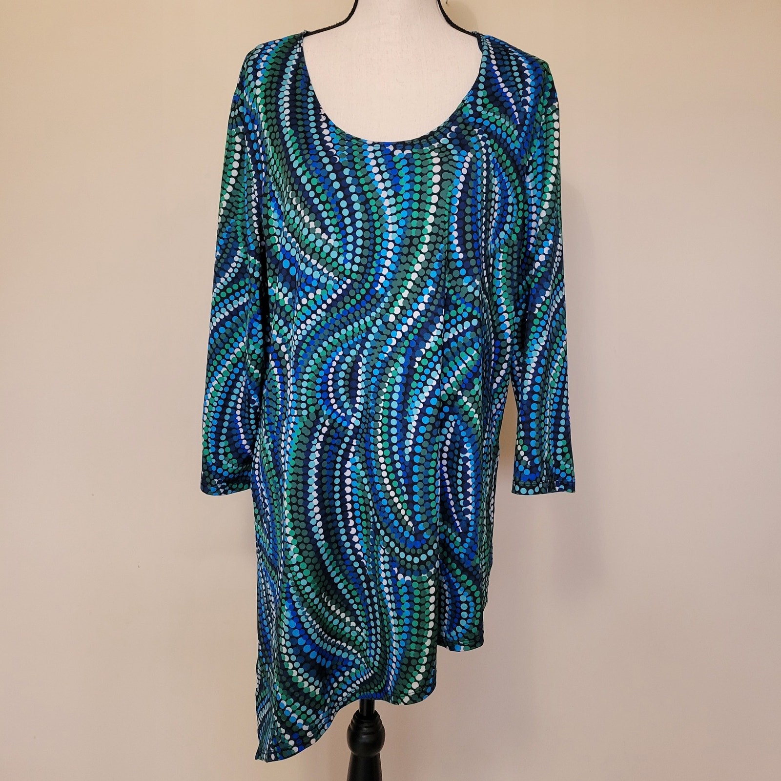 EUC Slinky Brand XL Tunic Top Asymmetrical Pullover 3/4 Sleeve Scoop Neck Blue