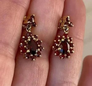 Authentic 2.85Ct Pear Lab Created Red Garnet Drop Dangle Earrings 14K Yellow Gold Plated