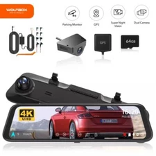 WOLFBOX 4K 12'' Mirror Dash Camera Rearview Car DVR Dual Dash Cam Front Rear