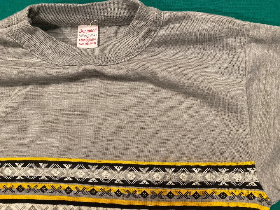 Camiseta De Colección Años 70 Tejida Manga Larga Pequeña XS Gris Amarillo Negro Rayas Donmoor Foto 2 de 4