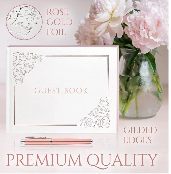 Gold Stamped Wedding Guest Book, Wedding Guest Book with Pen, Floral Guest Book - Image 2 of 4
