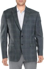  375 Lauren Ralph Men's Wool Blend Plaid Two-Button Blazer, Gray/Blue, 42R