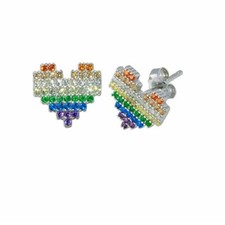 Sterling Silver Heart Stud Earrings w/ Multicolor CZ Stones