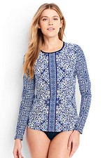Lands End Women's LS Swim Tee Rash Guard Deep Sea Mixed Medallion New