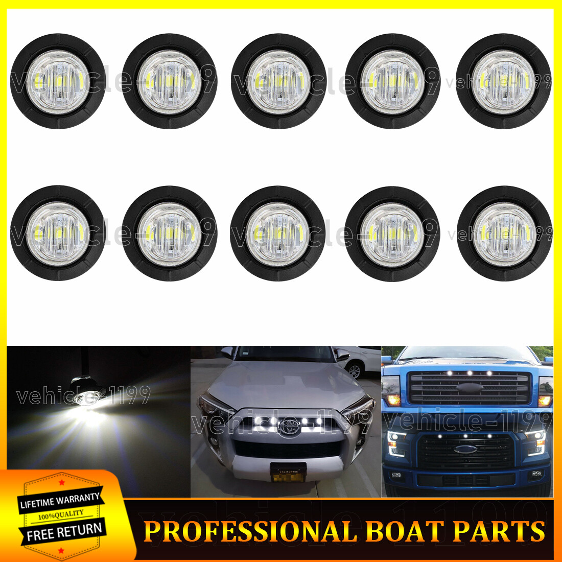 10-Pack Universal Amber LED Grille Fog Lights - Mini Round Push-In Style, 12V, IP67 Waterproof