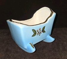Ceramic PLANTER Vintage BABY Cradle Bassinet Shafer USA BLUE 23K GOLD MCM