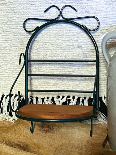 Forest Green Small Metal & Wood Shelf with Hooks on Bottom for Keys etc.