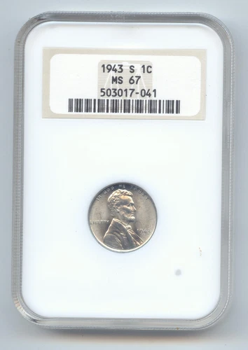 1943-S Lincoln Steel Wheat Cent, Old Fat NGC Slab, MS-67