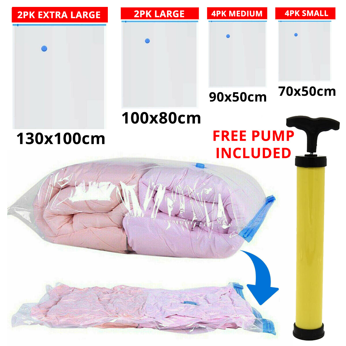 12 VARIEDAD JUMBO BOLSAS DE ALMACENAMIENTO AL VACÍO AHORRO DE ESPACIO BOLSAS COMPRIMIDAS BOMBA DE MANO LIBRE