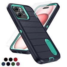 For iPhone 16 15 14 13 Pro Max Rugged Stand Case with Glass Screen Protector