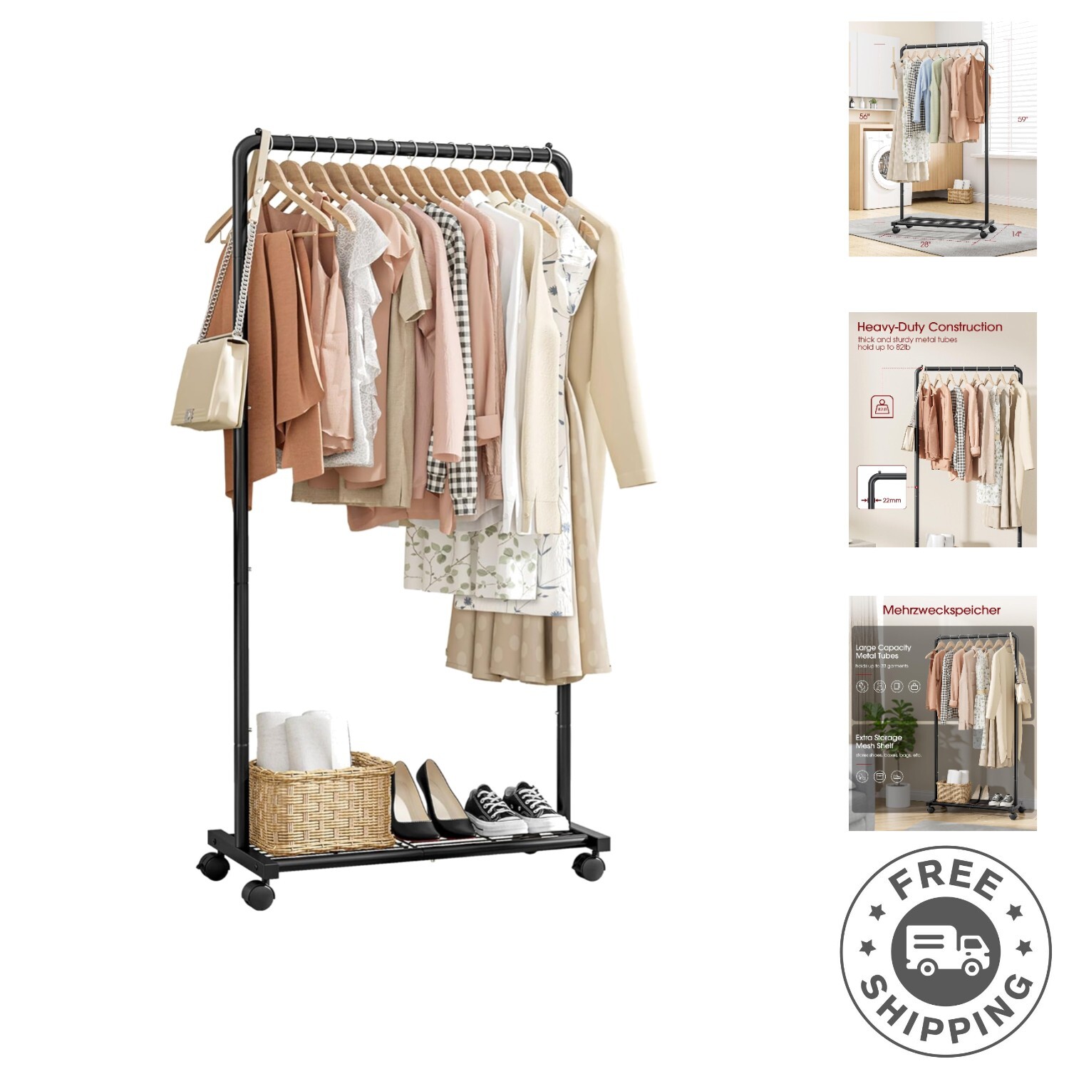 Clothes Rack - Clothing Rack with Storage Mesh Shelf & Casters, Heavy-Duty Me...-image