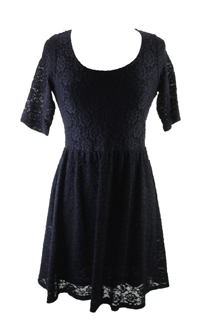 Maison Jules New Black Short-Sleeve Lace Flared Dress M $89.5