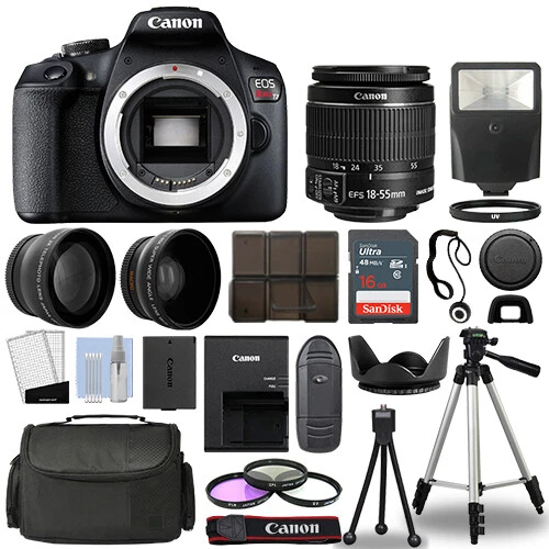 Canon EOS Rebel T7 / 1500D SLR Body+ 3 Lens Kit 18-55mm + 16GB + Flash & More