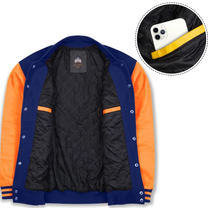 Varsity Jacket With Royal Blue Wool Body And Orange Leather Sleeves Jacket - product detail image 5