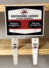 MOBIL GARGOYLE GASOLINE RESTROOMS KEY HANGER WITH FOBS OIL GARAGE STATION SIGN