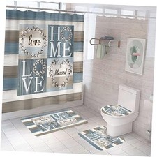 4PCS Rustic Floral Flower Sweet Love Fabric Shower Curtain Set, with Non Home