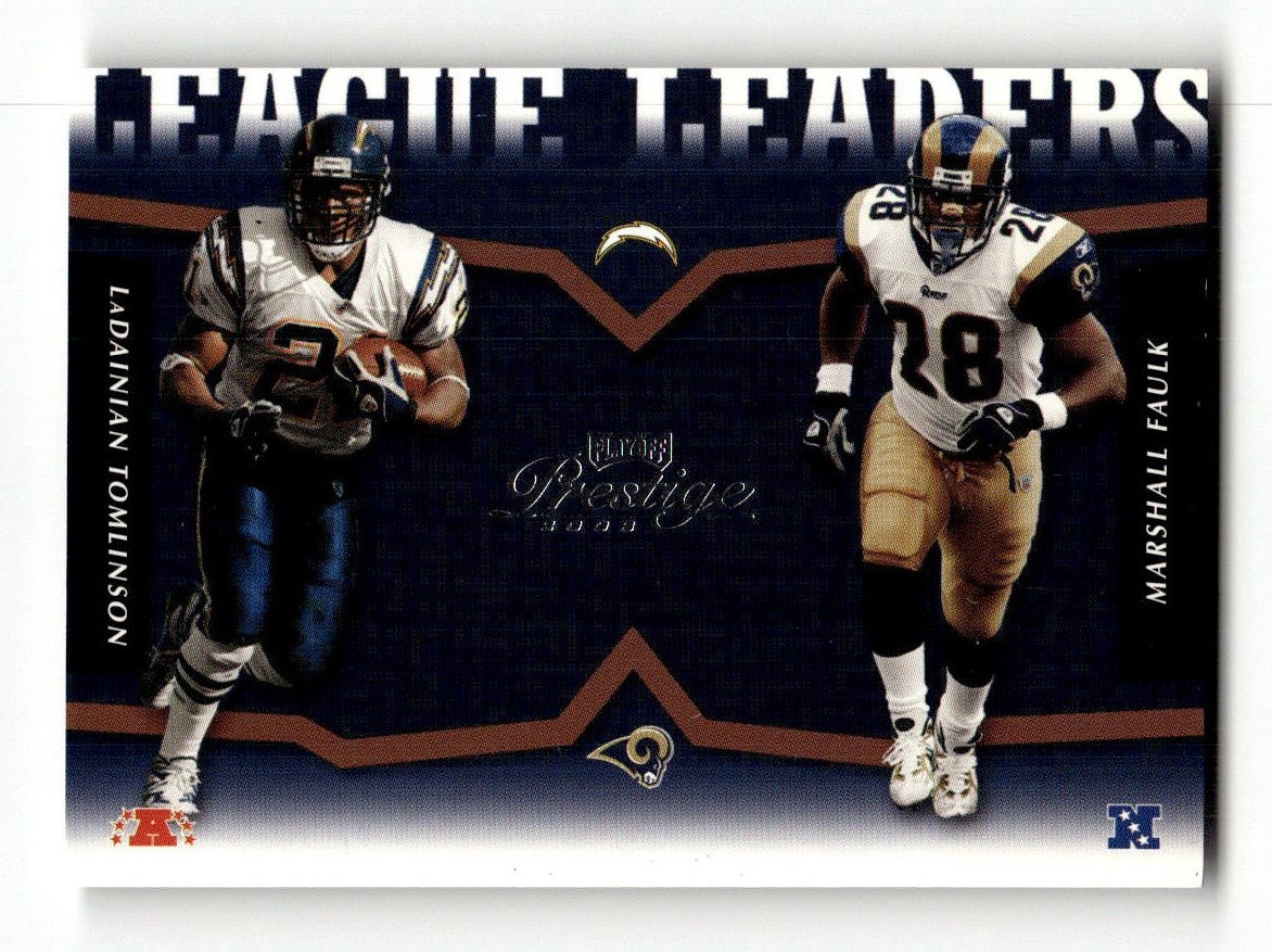 Ladainian Tomlinson, Marshall Faulk #LLT-7 Football Cards 2003 Playoff Prestige League Leader Tandems trading card — raw and PSA graded price guide
