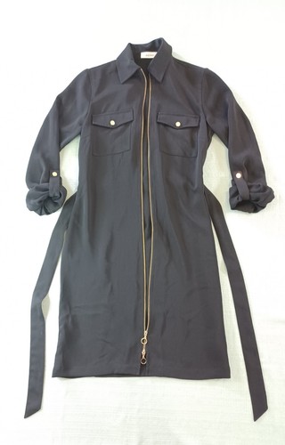 Calvin Klein Black Shirt Dress Sz 2 Front Zip Belted Roll Tab Sleeves Gold Snaps - Picture 6 of 24