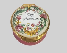 Halycon Days Bilston Battersea Enamel Box  Pink Floral Happy Anniversary
