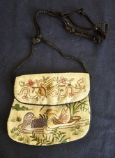 Vintage Chinese Silk Embroidered Purse Gold Birds Black Cord