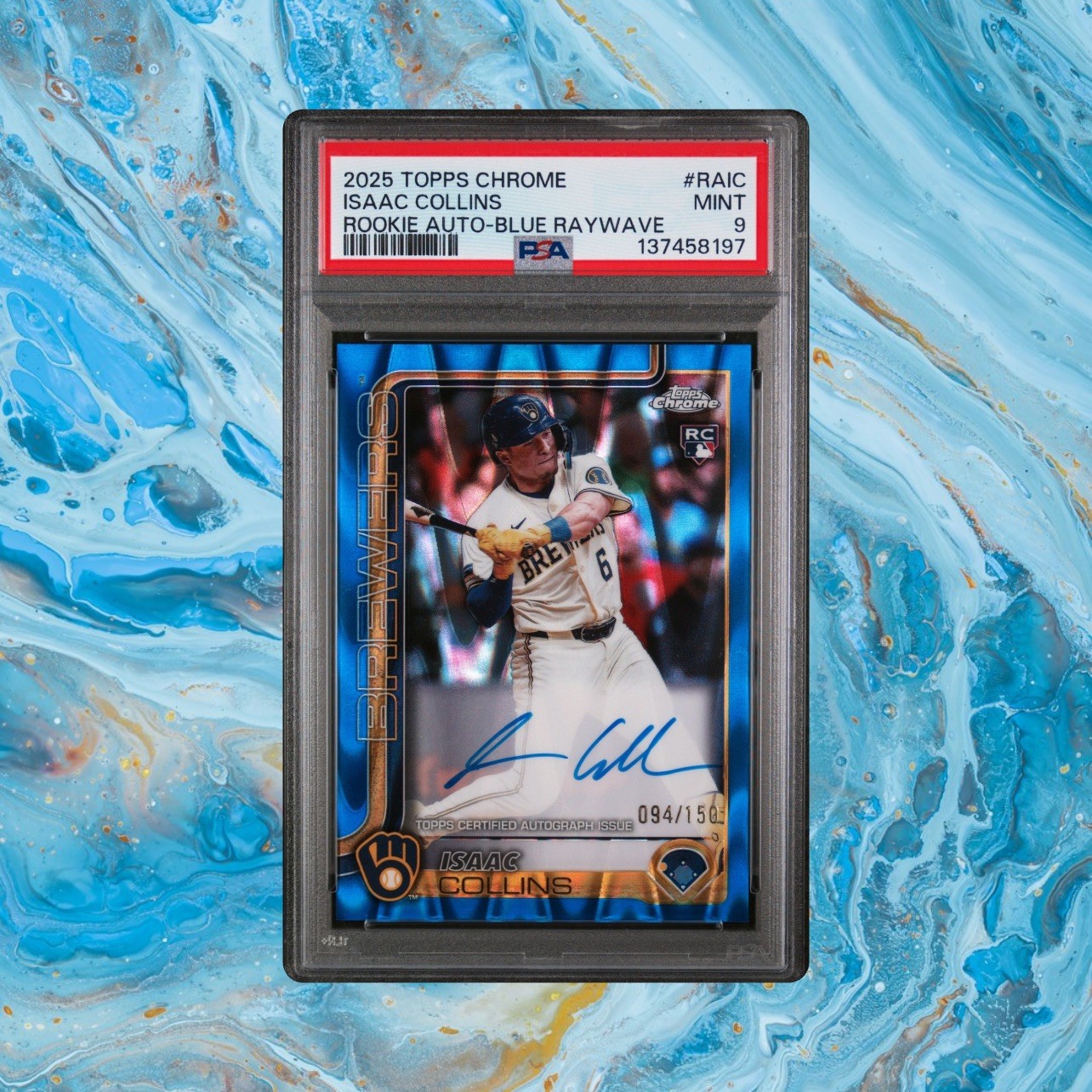 2025 Topps Chrome Rookie Blue Refractor /150 Isaac Collins #RA-IC Auto RC PSA 9