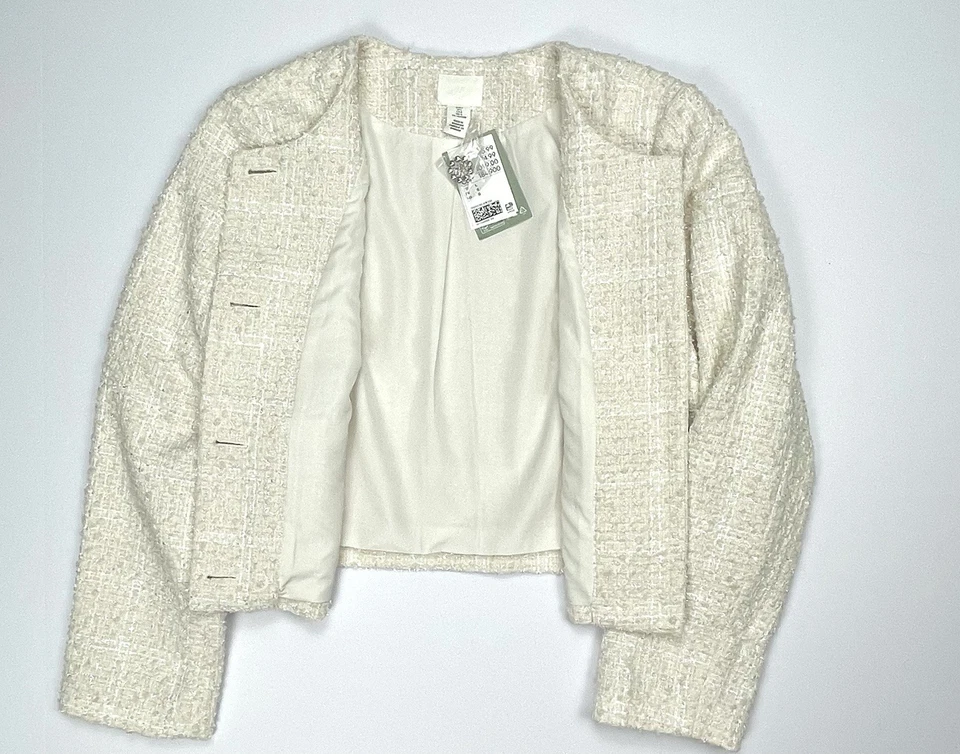 NUEVO CON ETIQUETAS H&M Chaqueta Bouclé Blazer Tweed Crema Perla Estrás Botones Talla Grande Foto 4 de 4