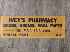 Ivy's Pharmacy Rexall Drug Cardboard Advertising Sign Mineral Point Wisconsin WI