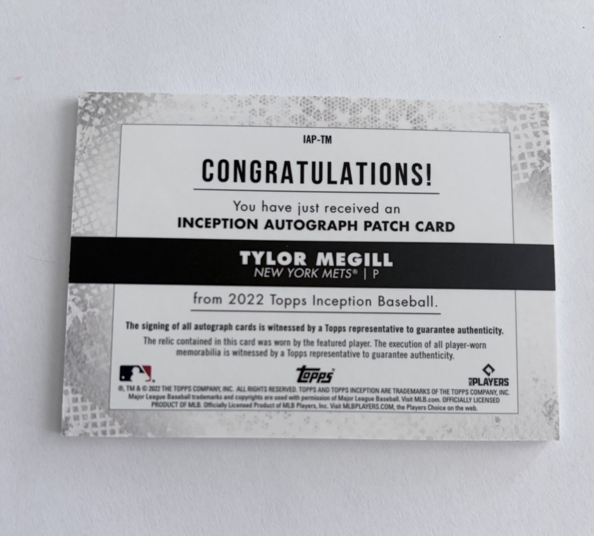 2022 Topps Inception Tylor Megill Rookie Patch Auto RC NY Mets 🔥🔥Patch view 3