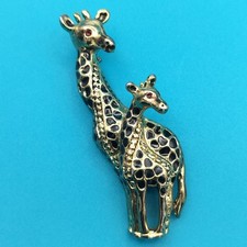Giraffe Mom & Baby Brooch Pin Enamel Red Eye Gold Tone approx 2.25