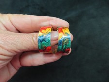 Vintage Gold Tone Wide Hoop Multi Colored Hoop Pierced Earrings