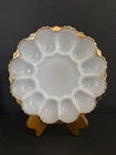 Vintage Anchor Hocking Fire King 10" Milk Glass Gold Trim Deviled Egg Plate
