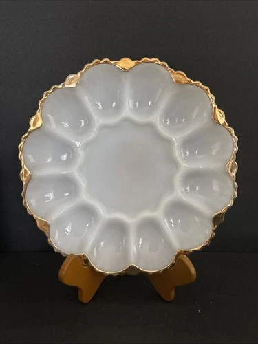 Vintage Anchor Hocking Fire King 10" Milk Glass Gold Trim Deviled Egg Plate